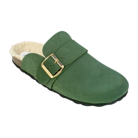 Zueco Serraje Invierno Mujer Verde con Borreguito