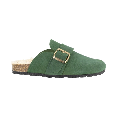 Zuecos de Mujer Invierno Verde Serraje Planta Borreguito Tira Ancha Autenti 14231