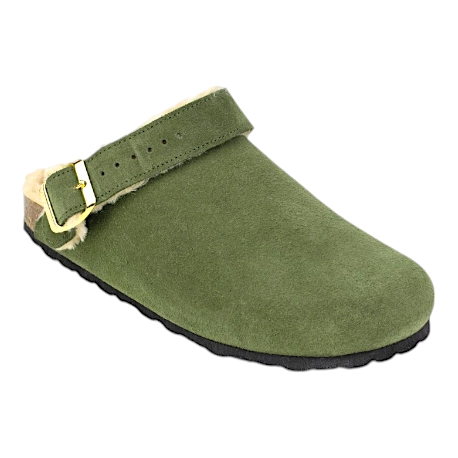 Zueco de Piel con Forro de Pelo Mujer Verde