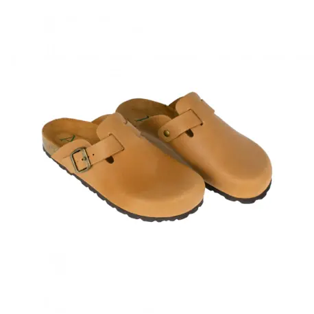 Zueco de Piel Mujer con Hebilla Ajustable Taupe
