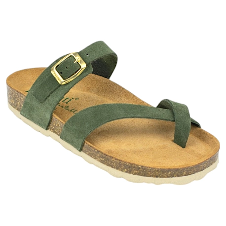 Sandalias Bio De Dedo En Piel Verde y Planta Corcho