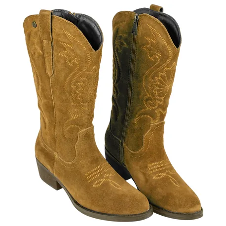 Bota campera piel serraje bordado tacón medio SS1985