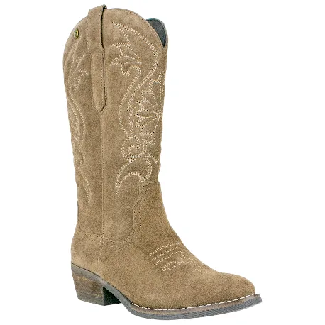 Bota campera piel serraje bordada tacón medio cremallera marrón taupe y marrón chocolate SS1985
