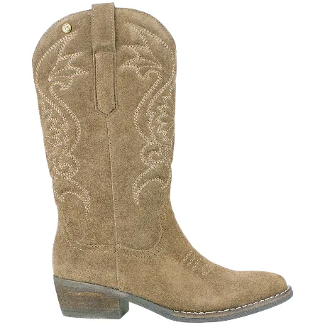 Bota campera piel serraje bordada tacón medio cremallera marrón taupe y marrón chocolate SS1985