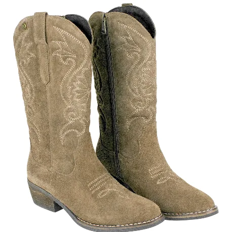 Bota campera piel serraje bordada tacón medio cremallera marrón taupe y marrón chocolate SS1985