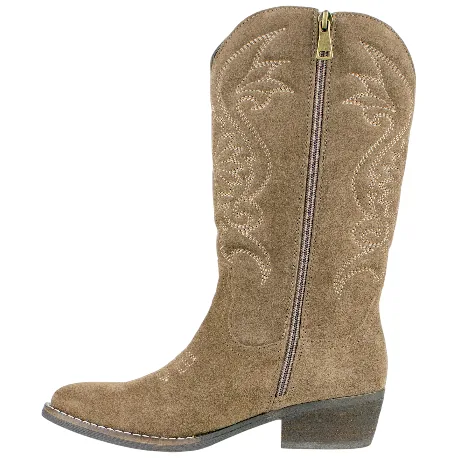 Bota campera piel serraje bordada tacón medio cremallera marrón taupe y marrón chocolate SS1985