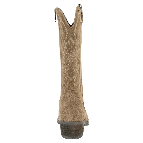 Bota campera piel serraje bordada tacón medio cremallera marrón taupe y marrón chocolate SS1985