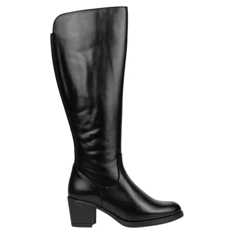 Bota Piel Negro Caña Alta Doble Elástico Trasero Cremallera Lateral Tacón Medio Kaola 8825