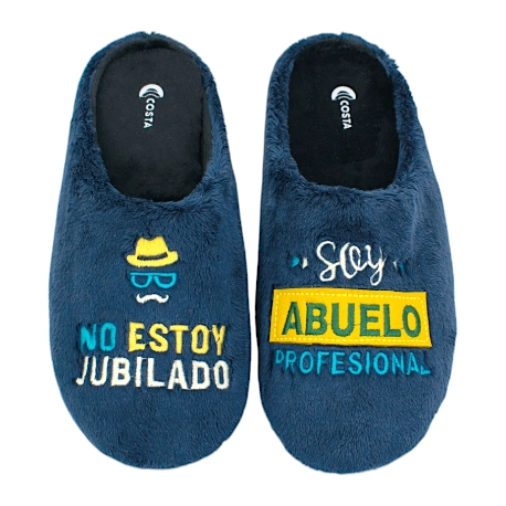 Zapatillas de casa abiertas para hombre azules con mensaje Soy abuelo profesional