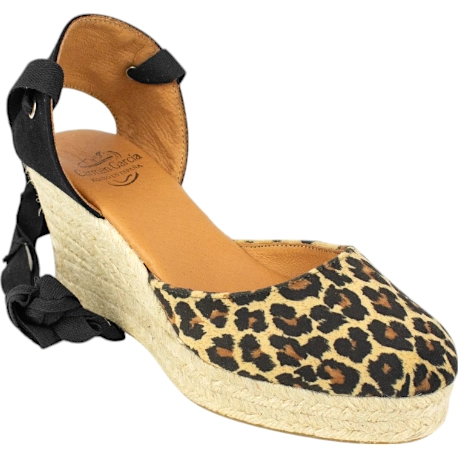 Alpargatas de cuña leopard para mujer con lazo negro