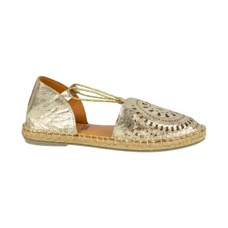 Alpargatas Planas de mujer en Piel Troquelada Blanco Camel Dorado Punta Talon Top3 NANSY