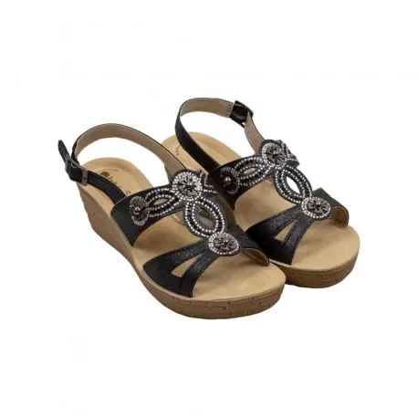 Sandalias de Cuña Negras para Mujer con Pedrería