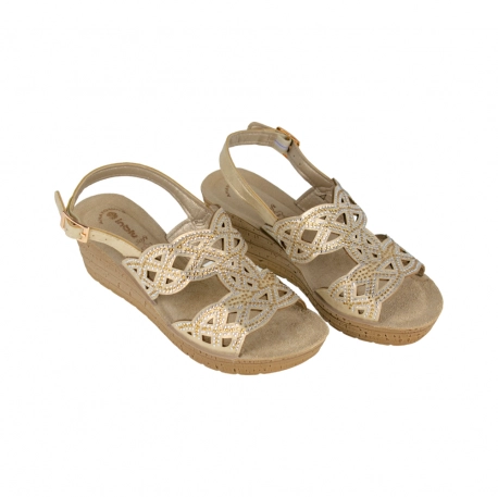 Sandalia Mujer Dorada y Plata Cuña Brillantes con Tira Inblu GM000044