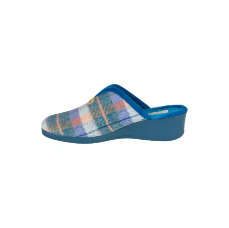 Pantuflas Mujer Invierno Abiertas Cuña Azul Estampado a Cuadro Paño J. Ortega 1800