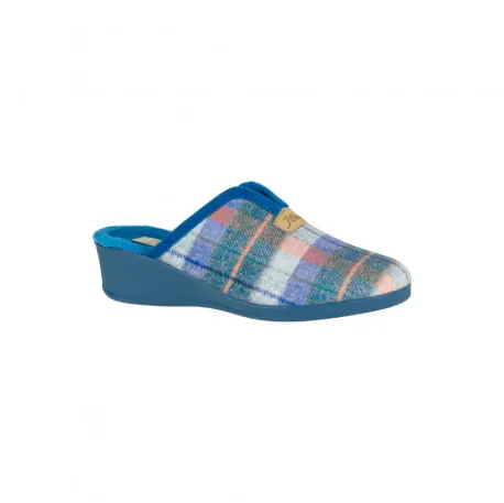 Pantuflas Mujer Invierno Abiertas Cuña Azul Estampado a Cuadro Paño J. Ortega 1800