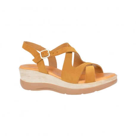 Sandalias Cuña En Piel Marrón y Plantilla Gel
