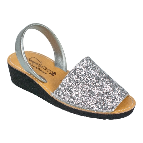 Menorquinas con Cuña Glitter Plata Para Mujer
