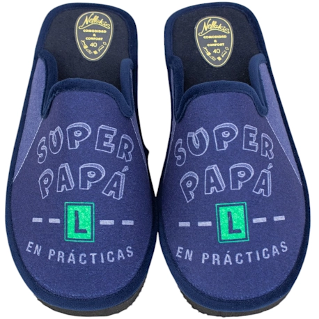 Zapatillas de casa abiertas para hombre grises con mensaje Superpapá en prácticas