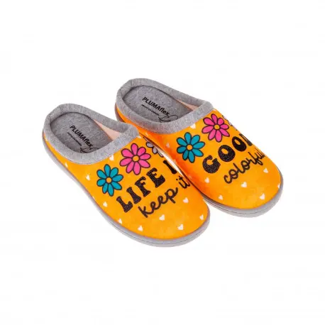 Pantufla Mujer Verano Abierta Flores Plumaflex 12317 Amarilla