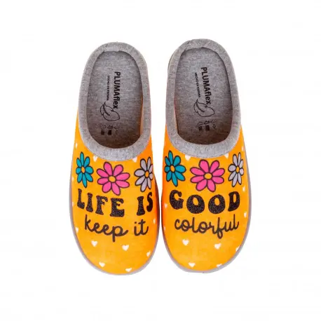 Pantufla Mujer Verano Abierta Flores Plumaflex 12317 Amarilla