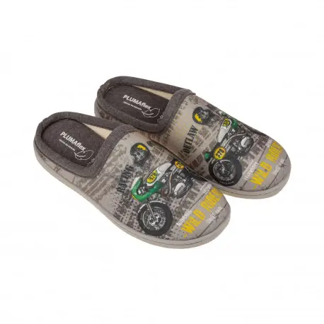 Zapatillas de casa de verano para hombre abiertas grises con estampado de moto
