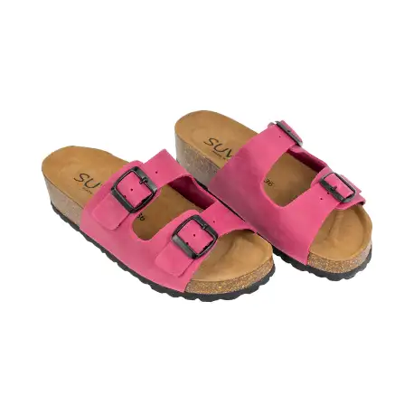 Sandalias Bio Mujer Con Cuña Corcho En Piel Fucsia