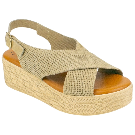 Sandalias Cuña Con Tiras Cruzadas Piel Beis