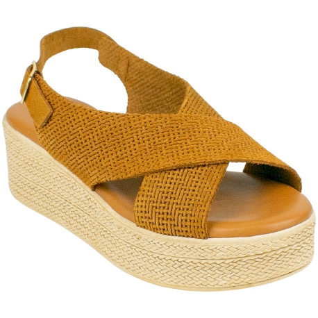 Sandalias Cuña Con Tiras Cruzadas Piel Marrón
