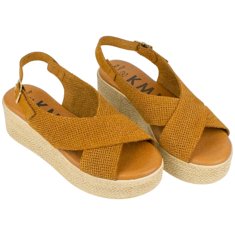 Sandalia Cuña Media Piel Grabada Tiras Cruzadas plantilla de gel KMN 38358
