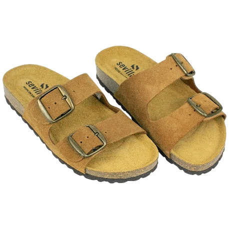 Sandalia Dos Hebillas Piel Serraje Mujer Plana Sevillas  A 61904