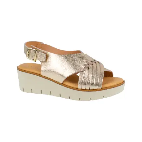 Sandalia Casual Kaola Mujer Beis Marron y Dorado Cuña en Piel Entrelazada 2451
