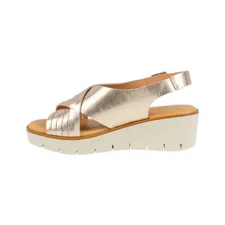 Sandalia Casual Kaola Mujer Beis Marron y Dorado Cuña en Piel Entrelazada 2451