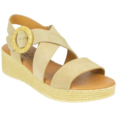 Sandalia Piel Beige con Tiras Cruzadas y Cuña Media