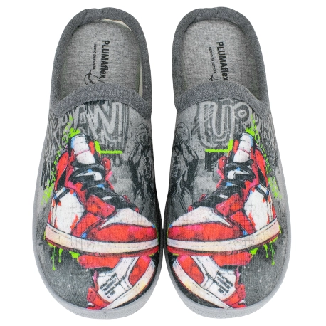 Zapatillas de casa abiertas para hombre grises con estampado de zapatillas