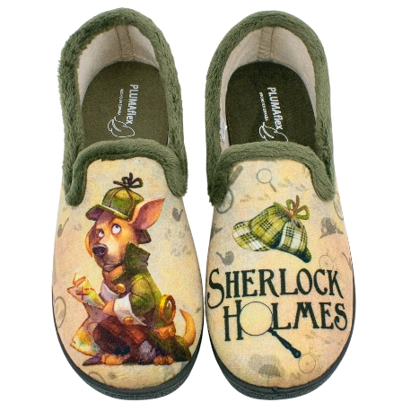 Zapatillas de casa cerradas para hombre verdes con diseño de detective