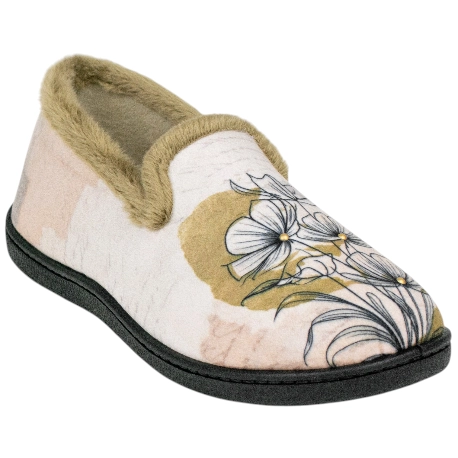 Zapatilla Cerrada Casa Plumaflex Mujer Beis Estampado Amapolas Plana 12215