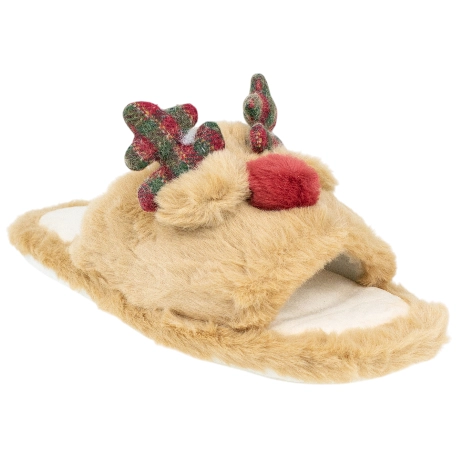 Zapatillas de casa de invierno para hombre abiertas marrones con reno navideño