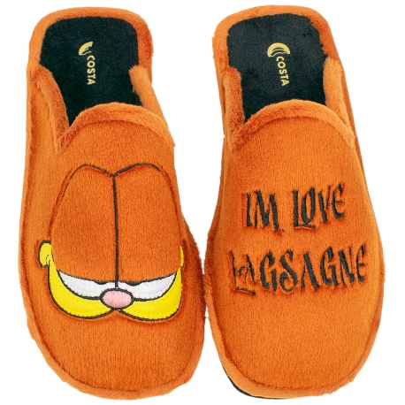 Zapatillas de casa de invierno para hombre abiertas naranjas con diseño de gato