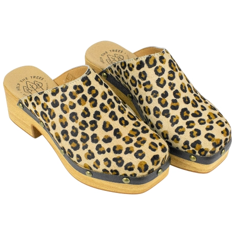 Zueco Tacón Mujer Piel Animal Print Leopardo Punta Cuadrada Help The Trees 7768410