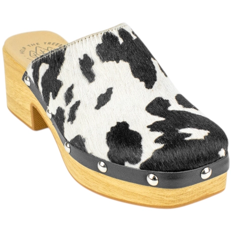 Zueco de Tacón Mujer Piel Estampado Vaca Negro