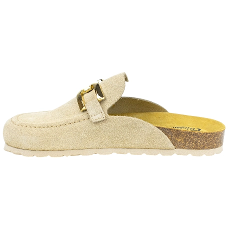 Zuecos Estilo Mocasín de Piel Serraje Beige con Estribo Dorado - Biocomfort 
